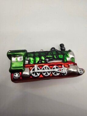 Hand-Painted Glass Train Christmas Ornament With Green Red & Silver Accents